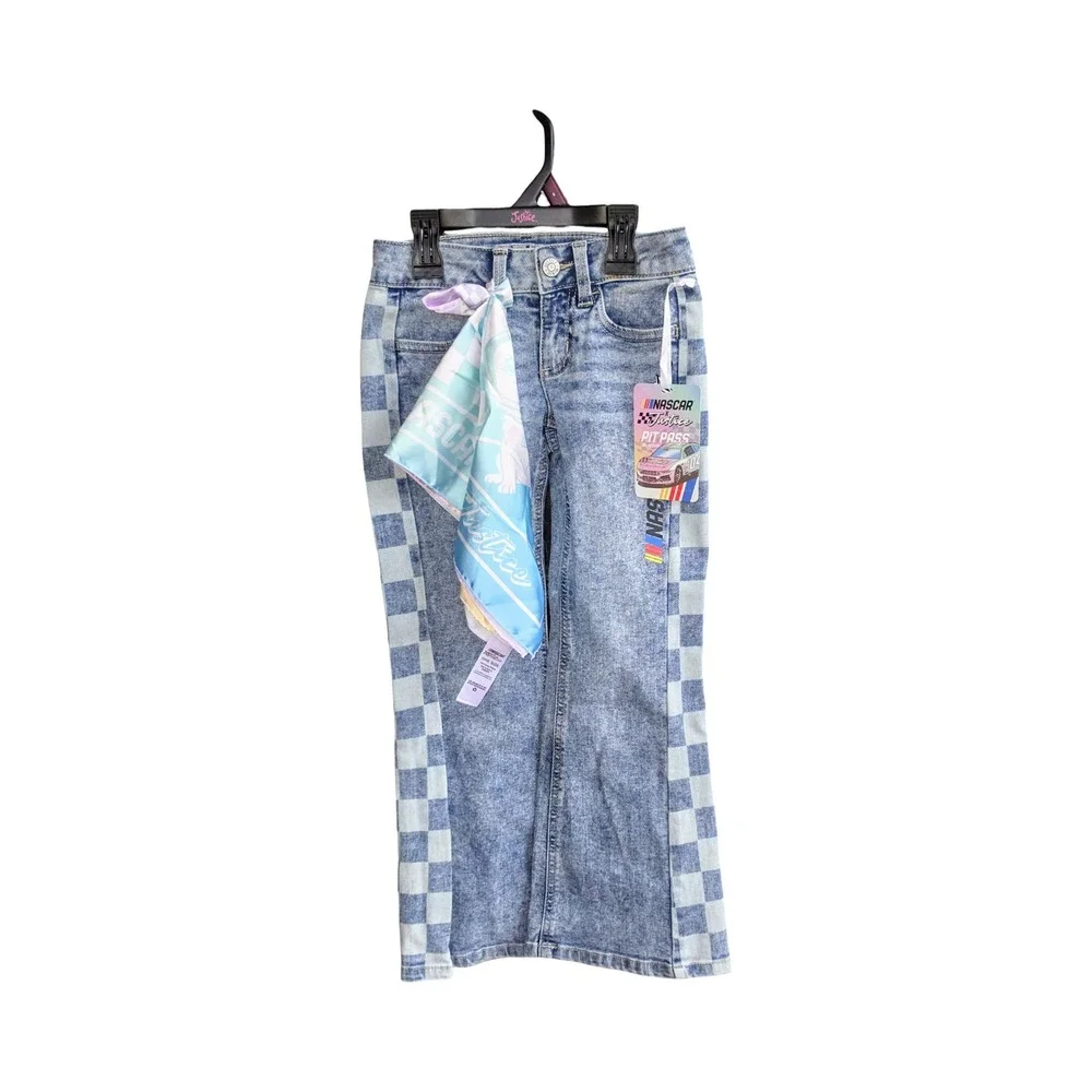 Justice x NASCAR Girls Flare Jeans Light Wash Checkered Stripe with Scarf Size 6